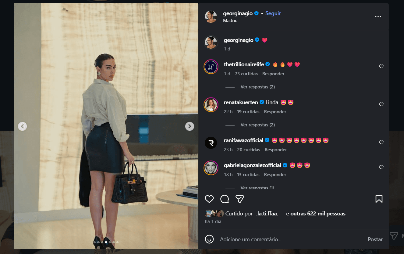 Georgina Rodríguez ostenta bolsa de crocodilo avaliada em R$ 2,3 milhões